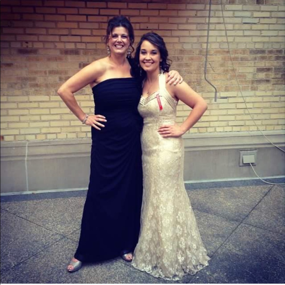 Floor length lace overlay champagne formal